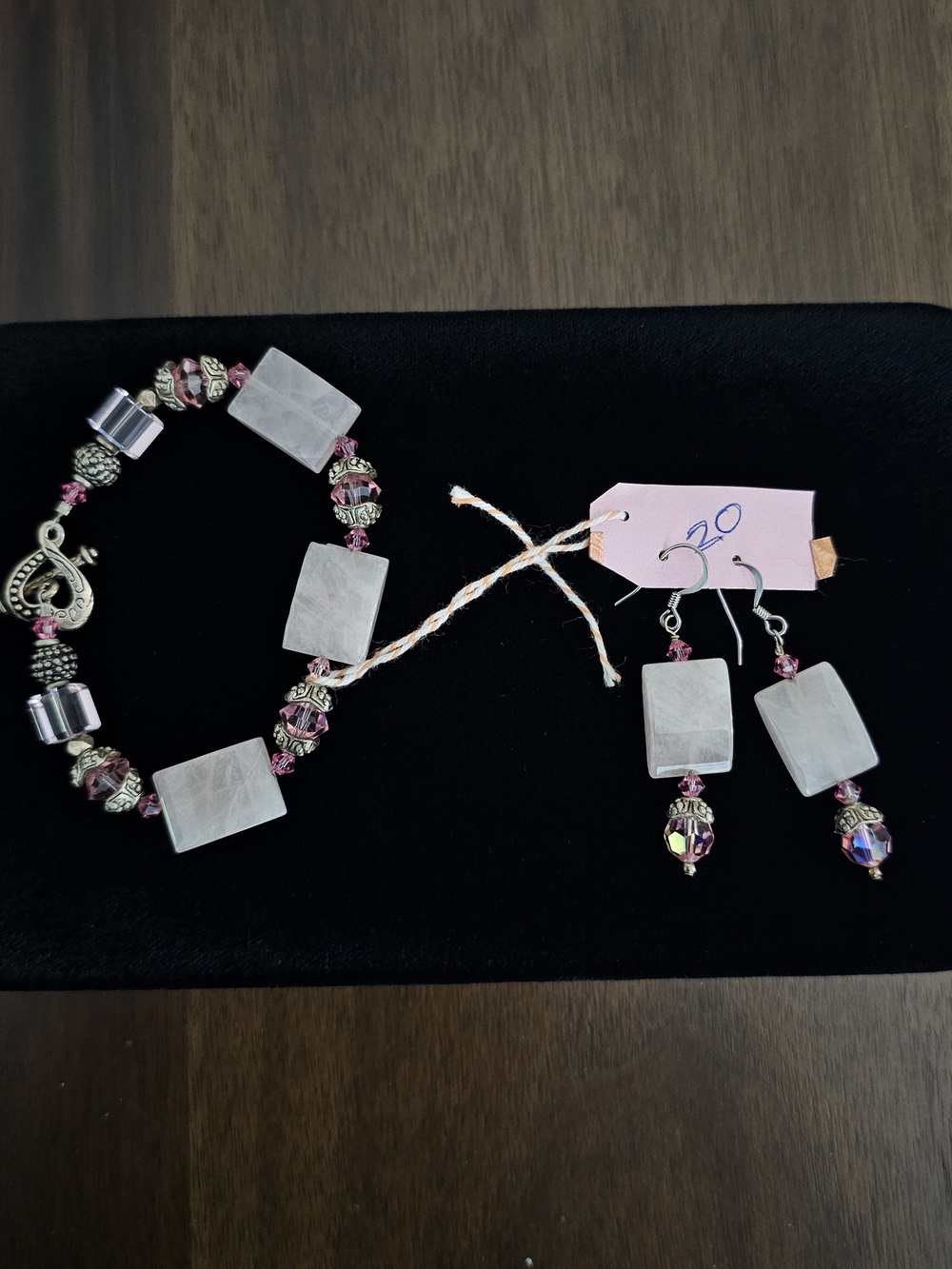 Handmade Pink and White Stone Bead Bracelet & Matching Dangle Earring Set
